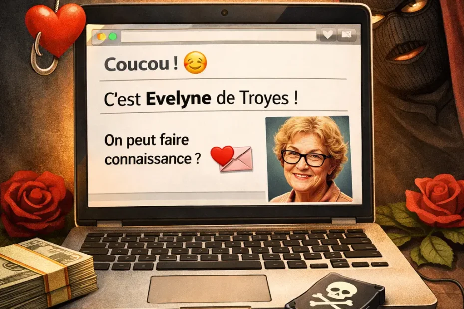 Illustration d’un faux mail amical signé Evelyne sur un ordinateur, symbolisant une tentative de phishing ou d’arnaque par email.