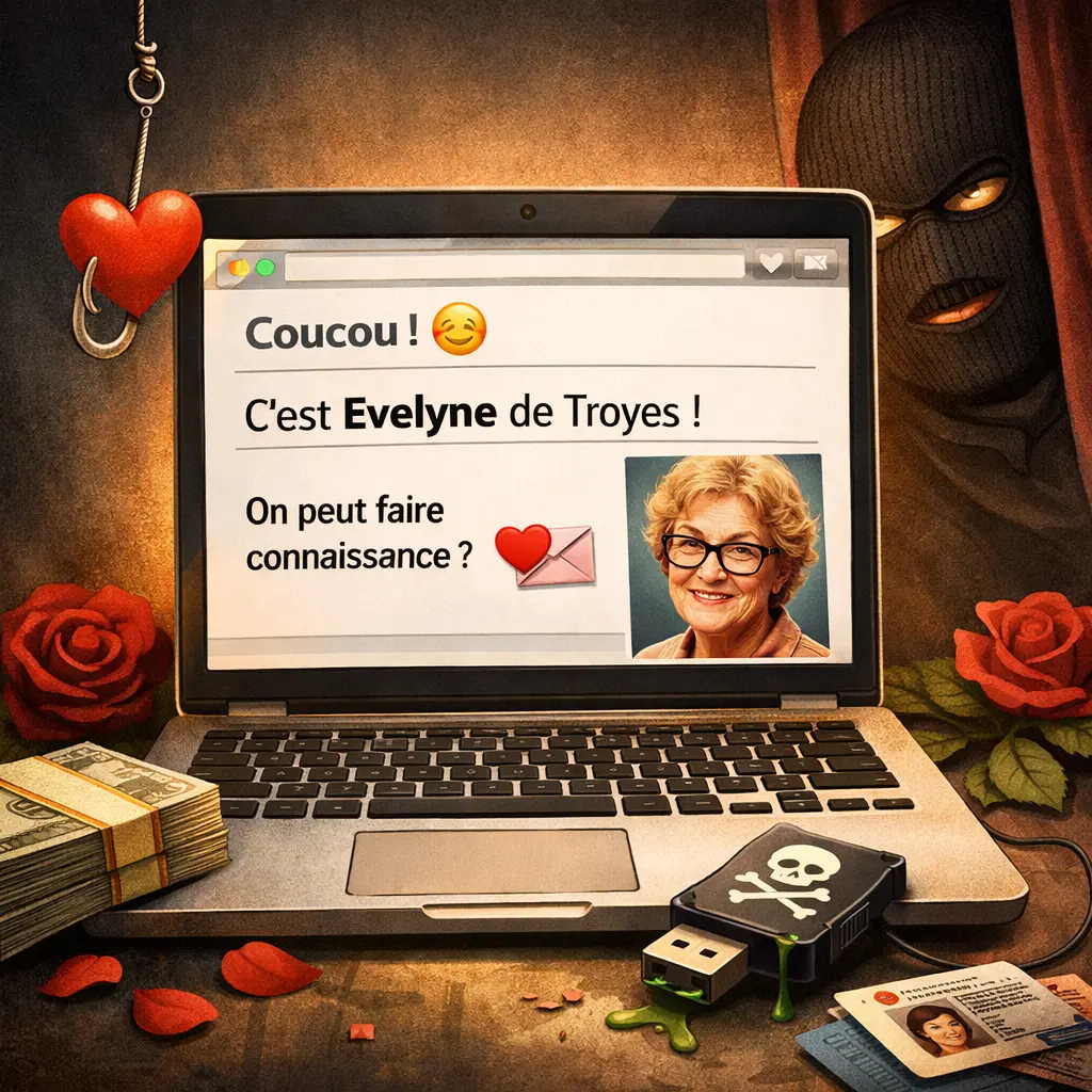 Illustration d’un faux mail amical signé Evelyne sur un ordinateur, symbolisant une tentative de phishing ou d’arnaque par email.