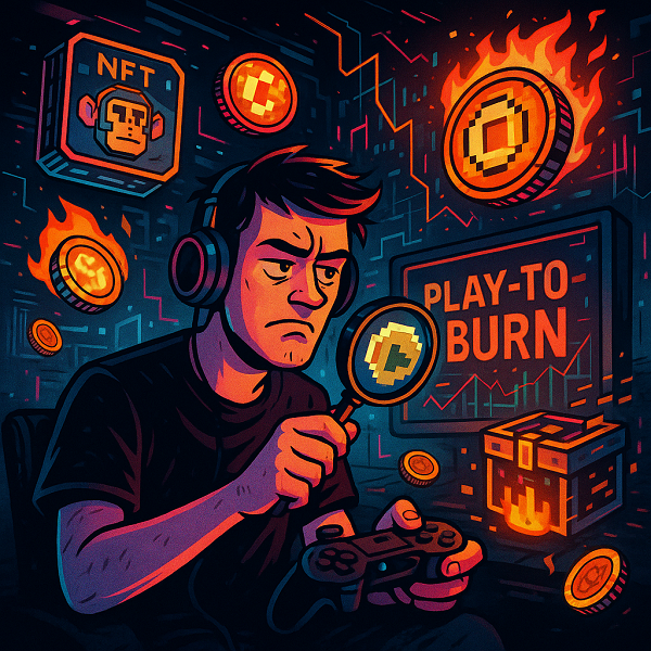 Illustration satirique d’un joueur sceptique face à un jeton NFT, entouré d’éléments blockchain et d’objets en feu dans un univers cyberpunk.