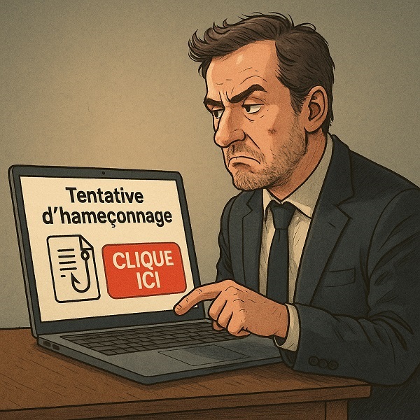 Homme en costume regardant avec méfiance un écran d’ordinateur affichant un message de tentative d’hameçonnage, bouton “CLIQUE ICI” en rouge.