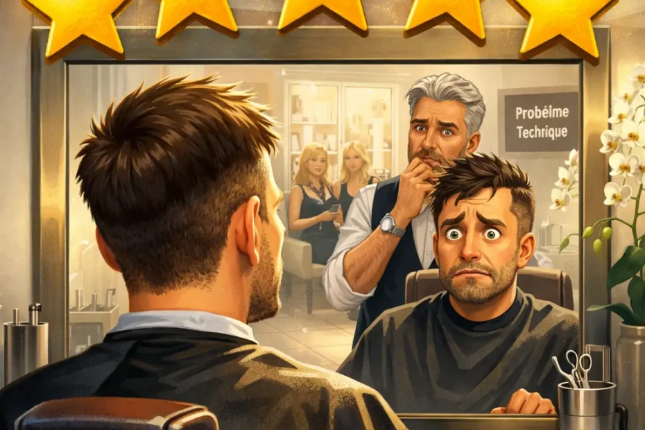 Illustration satirique d’un homme chez un coiffeur très bien noté sur Google, découvrant avec inquiétude que la réalité du salon ne correspond pas aux avis en ligne.