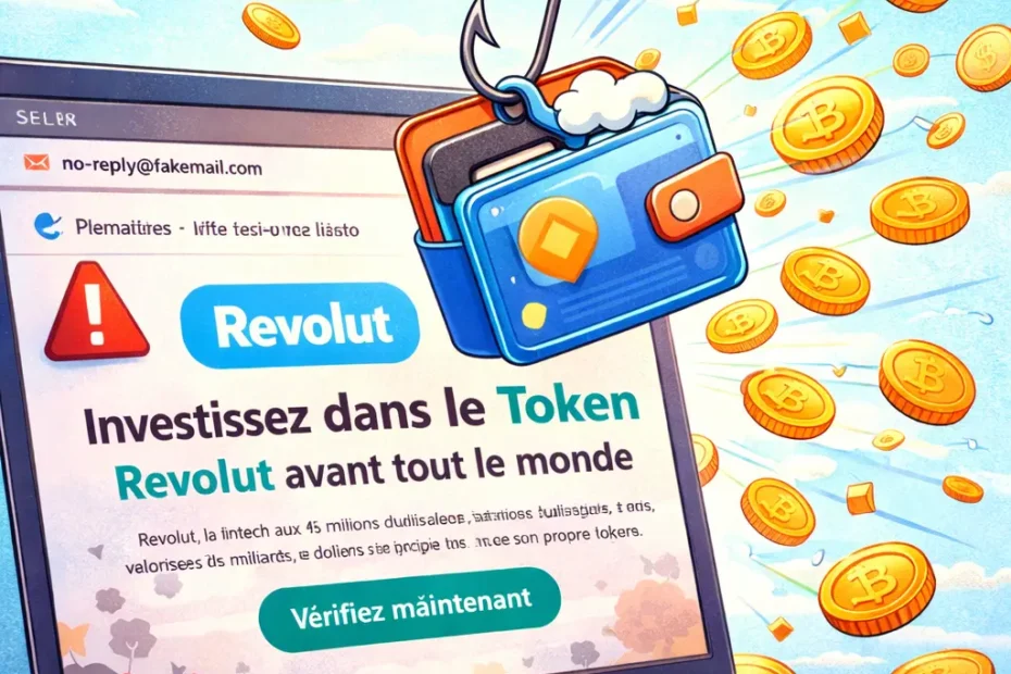 Illustration ludique d’un faux mail Revolut sur un prétendu token crypto, avec un portefeuille accroché à un hameçon pour symboliser le risque de phishing et de piège Web3.