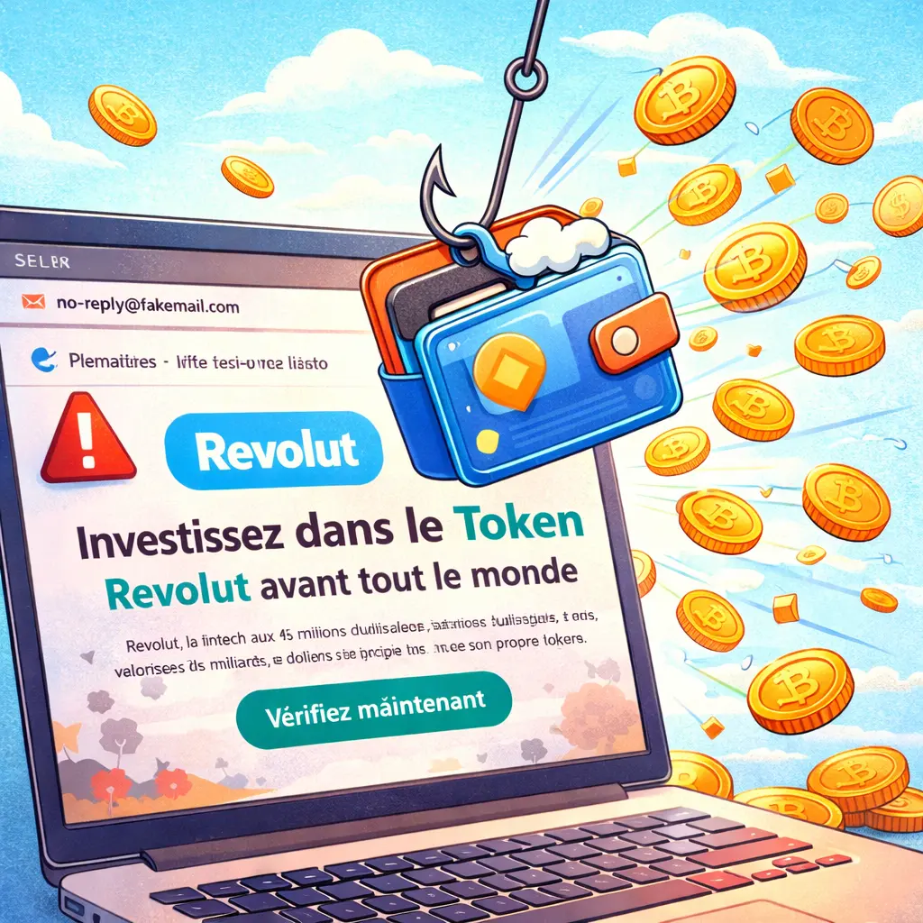 Illustration ludique d’un faux mail Revolut sur un prétendu token crypto, avec un portefeuille accroché à un hameçon pour symboliser le risque de phishing et de piège Web3.