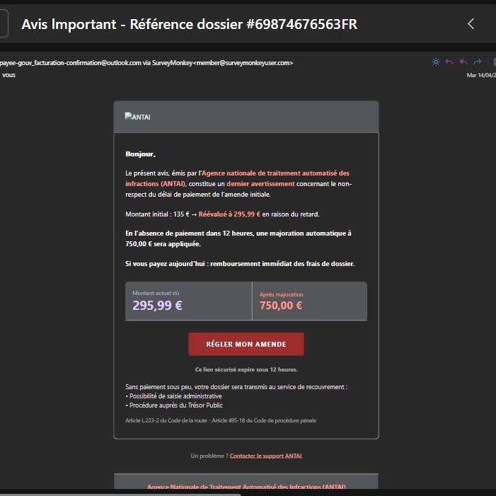 Copie d'écran du faux email d'amende