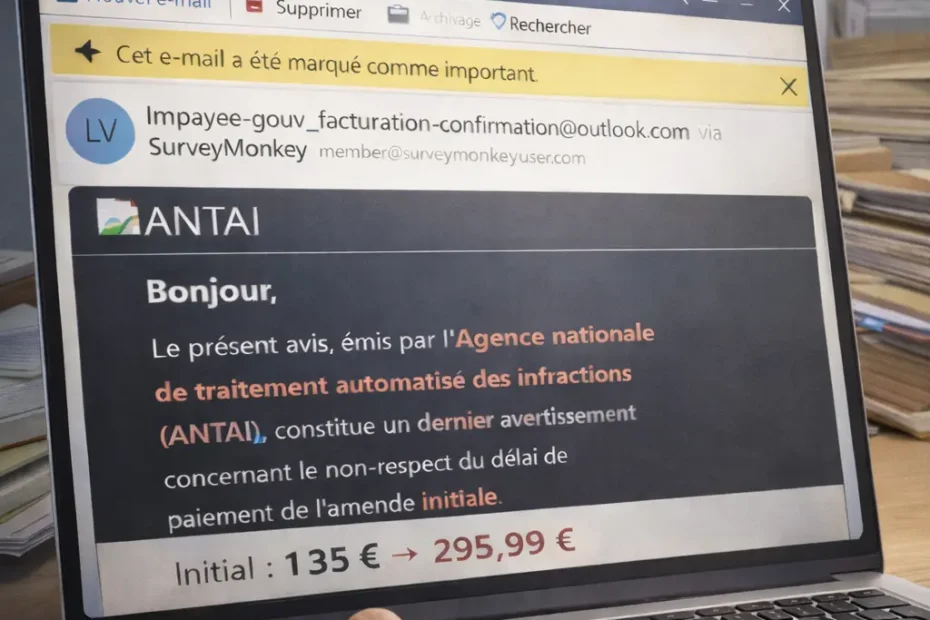 Illustration ludique d’un faux mail ANTAI réclamant une amende urgente, mis en avant dans une boîte mail comme message prioritaire malgré son caractère frauduleux