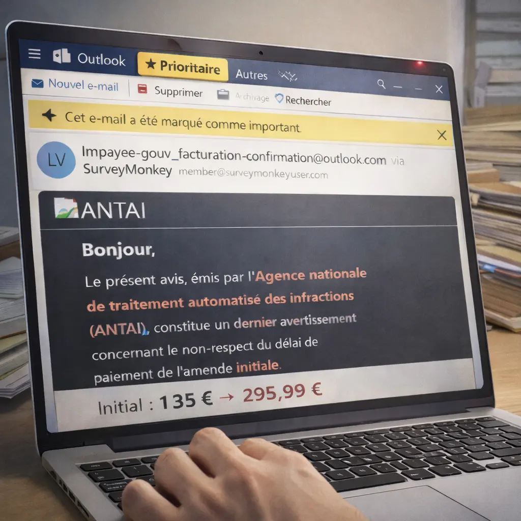 Illustration ludique d’un faux mail ANTAI réclamant une amende urgente, mis en avant dans une boîte mail comme message prioritaire malgré son caractère frauduleux