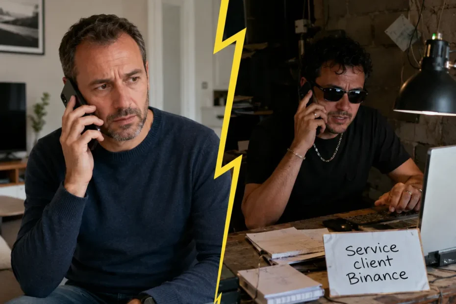 Faux appel Binance représenté en image séparée entre une victime au téléphone et un escroc dans un faux service client installé dans un garage